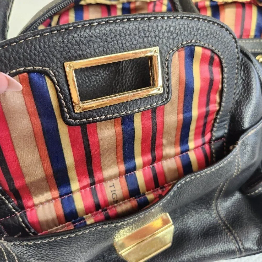 Tignanello Black Leather Striped Lining Satchel Tote Handbag Purse Top Handle